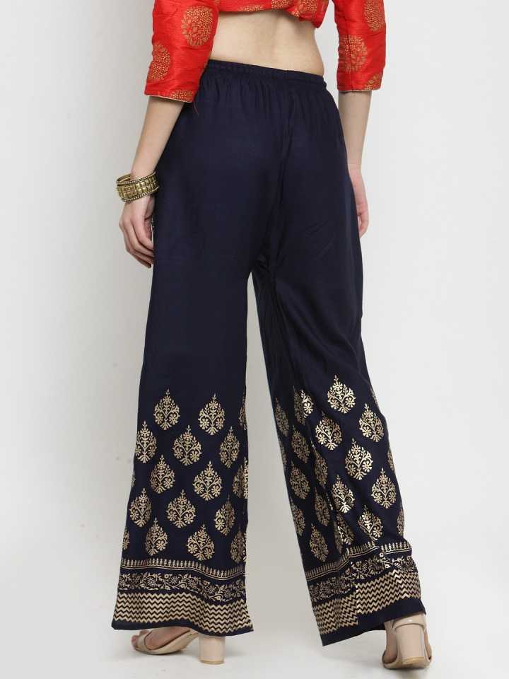PAVONINE Navy Blue Color Block Side Printed Rayon Fabric Sharara For Women | Grocsy