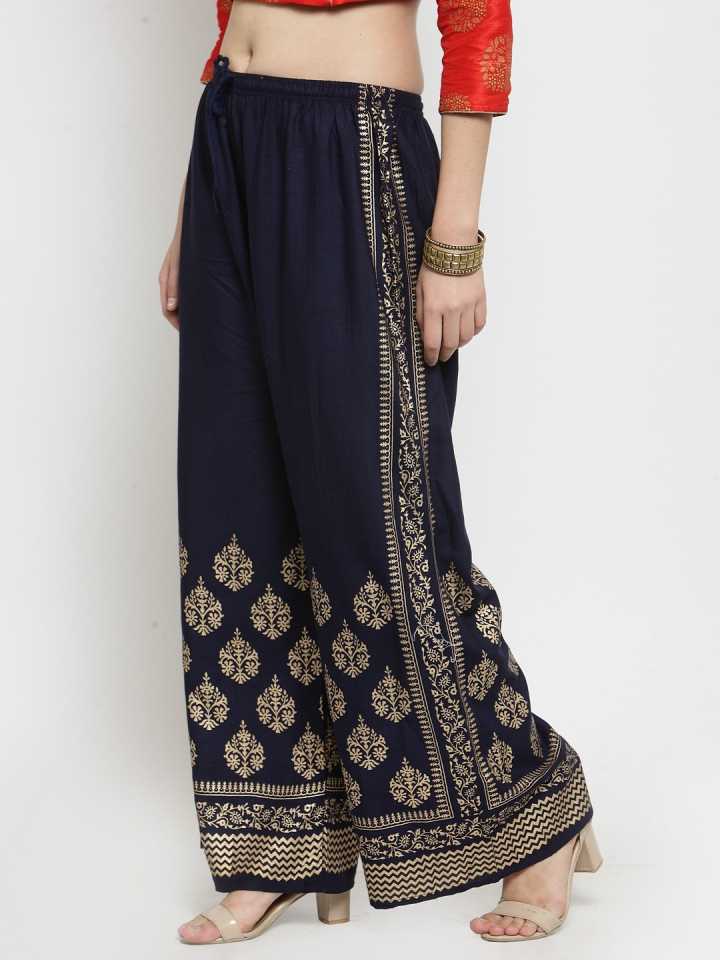 PAVONINE Navy Blue Color Block Side Printed Rayon Fabric Sharara For Women | Grocsy