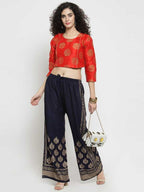 PAVONINE Navy Blue Color Block Side Printed Rayon Fabric Sharara For Women | Grocsy