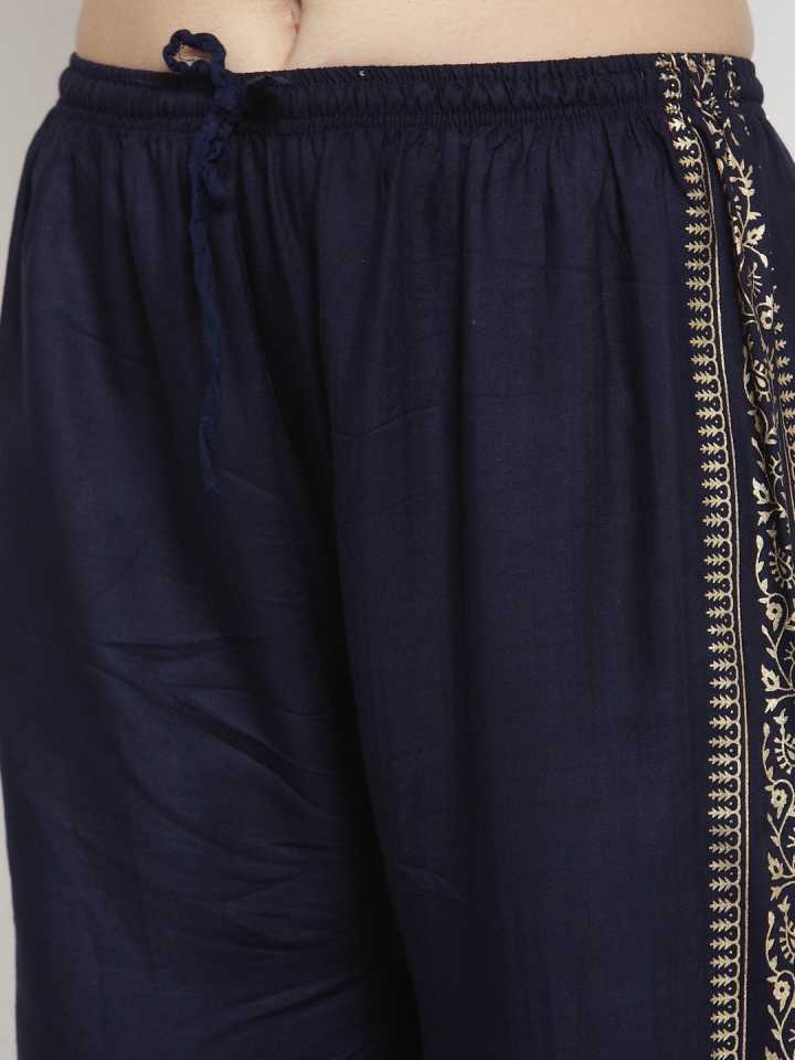PAVONINE Navy Blue Color Block Side Printed Rayon Fabric Sharara For Women | Grocsy