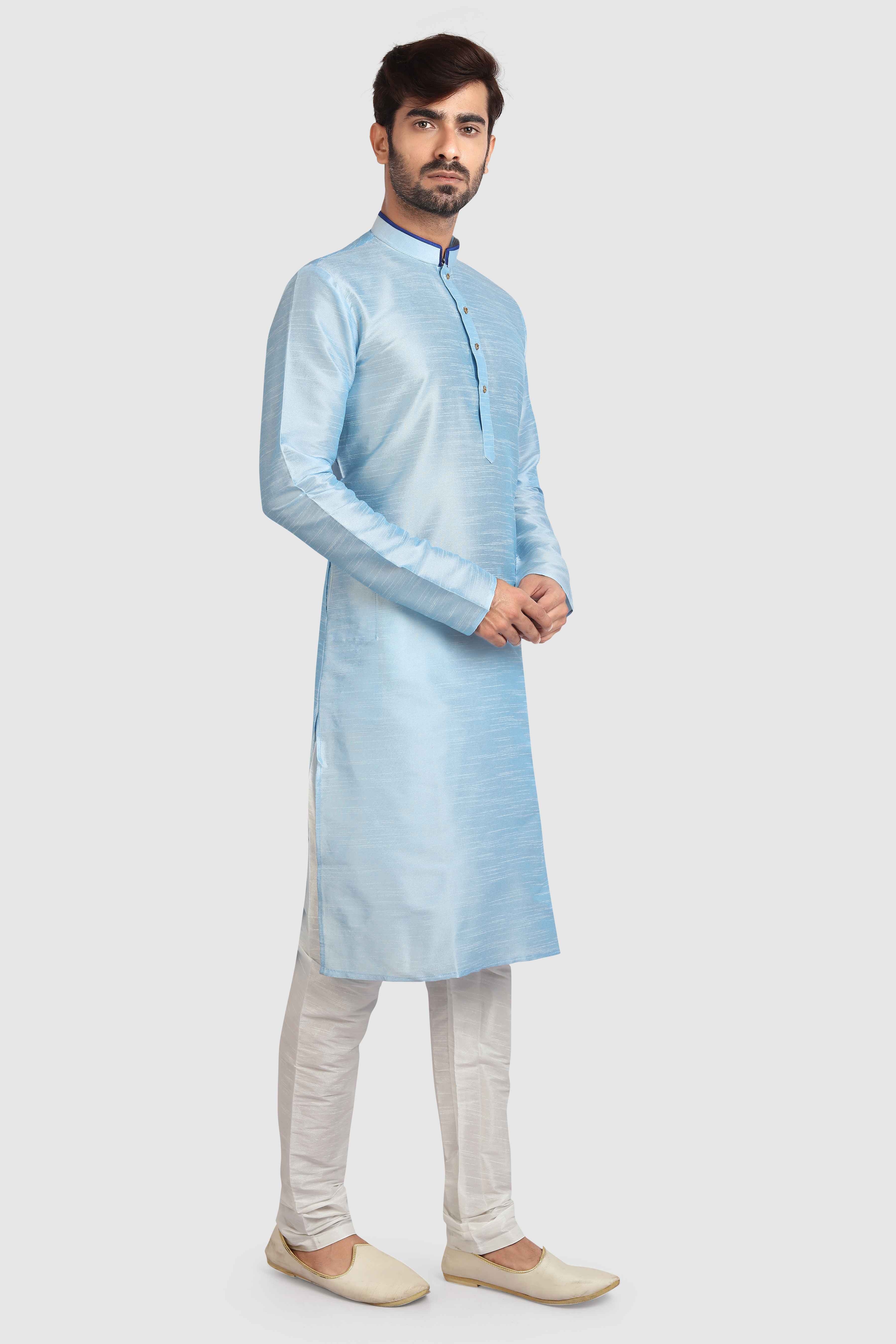 Raivat Ethnic Art Silk Kurta Pajama In Sky Blue Colour | Grocsy