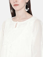 ADA Women White Embroidered Layered A-Line Chikankari Sustainable Kota Handloom Kurta | Grocsy