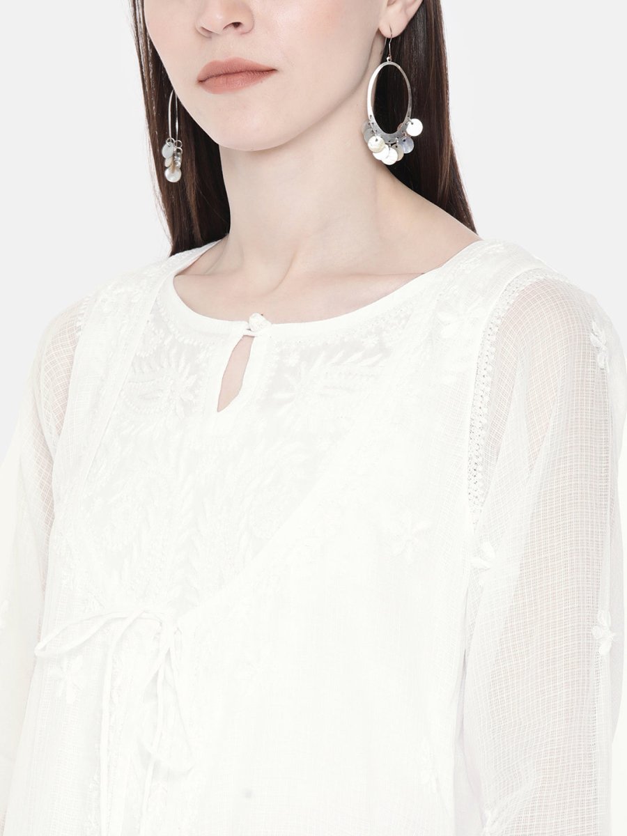 ADA Women White Embroidered Layered A-Line Chikankari Sustainable Kota Handloom Kurta | Grocsy