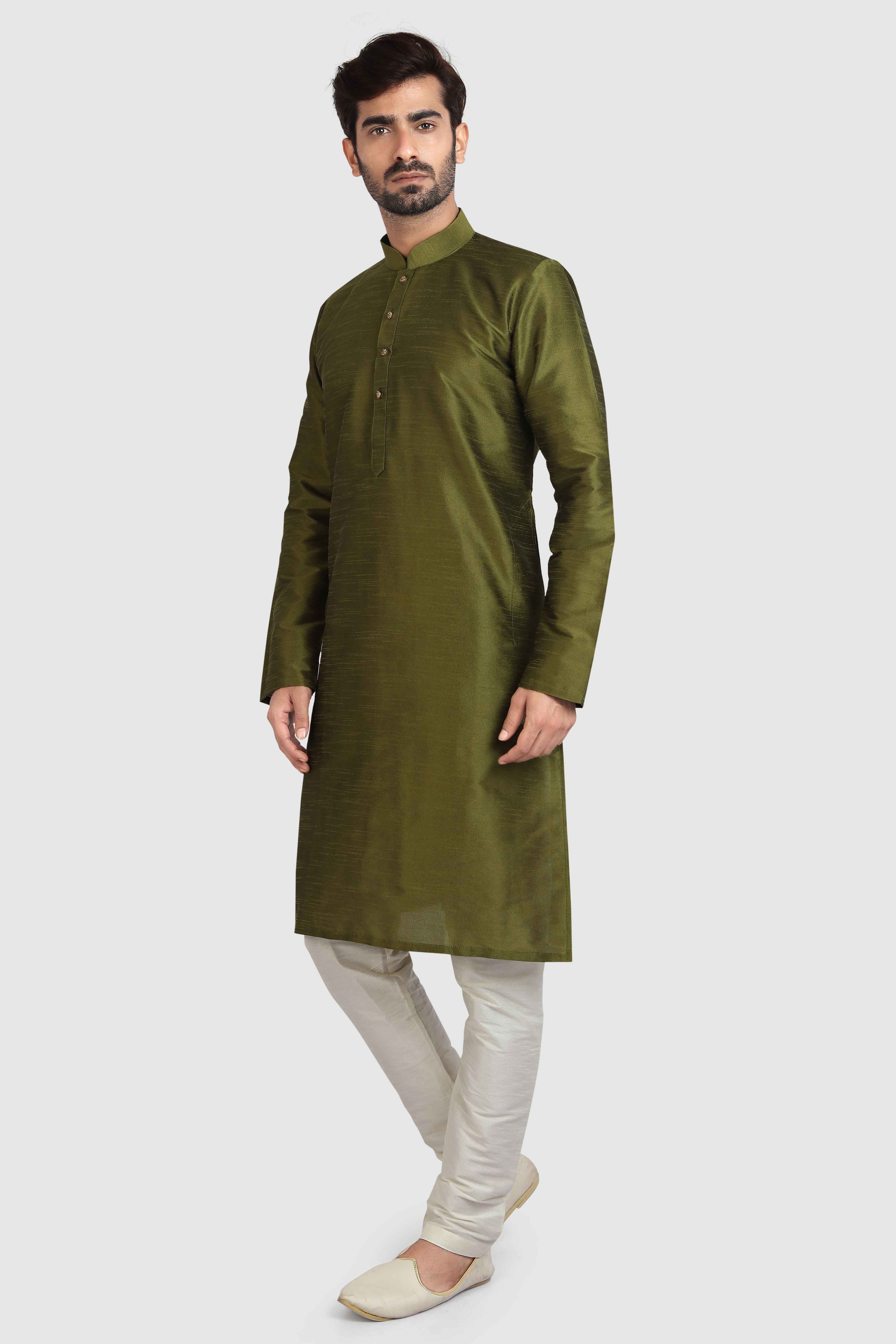 Raivat Ethnic Art Silk Kurta Pajama In Mehendi Green Colour | Grocsy