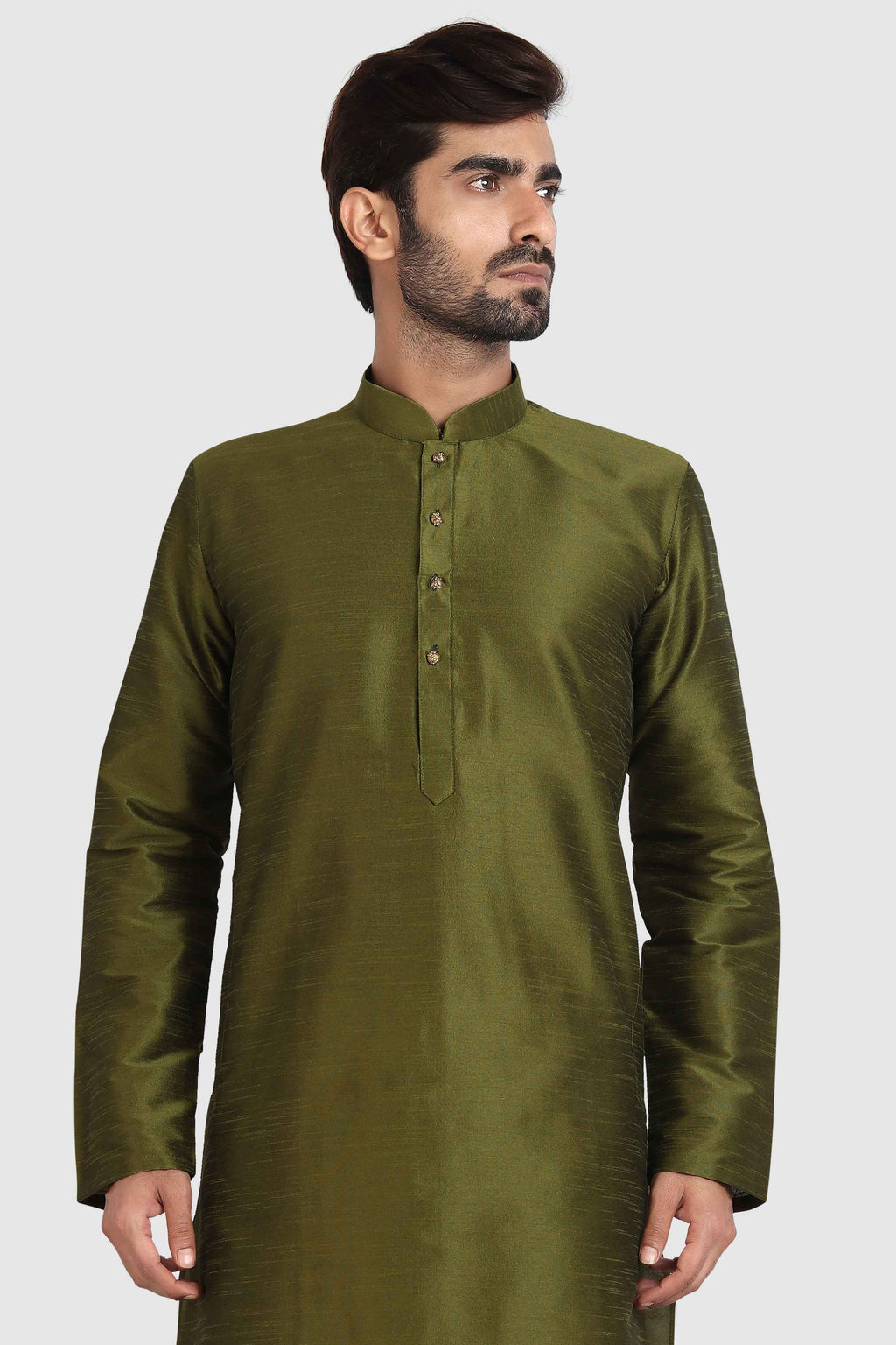 Raivat Ethnic Art Silk Kurta Pajama In Mehendi Green Colour | Grocsy