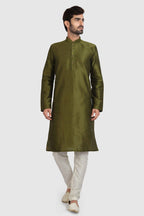 Raivat Ethnic Art Silk Kurta Pajama In Mehendi Green Colour | Grocsy