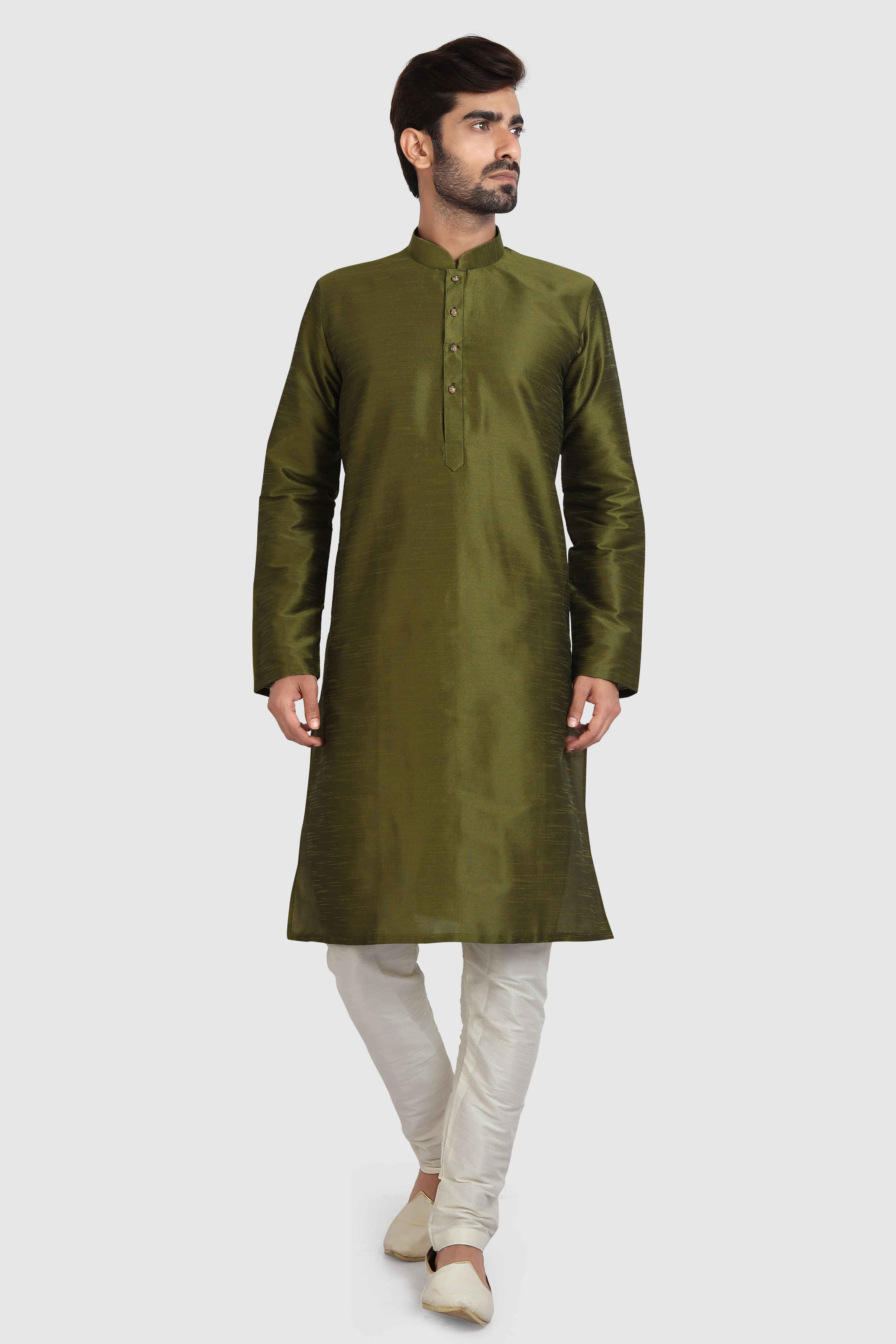 Raivat Ethnic Art Silk Kurta Pajama In Mehendi Green Colour | Grocsy