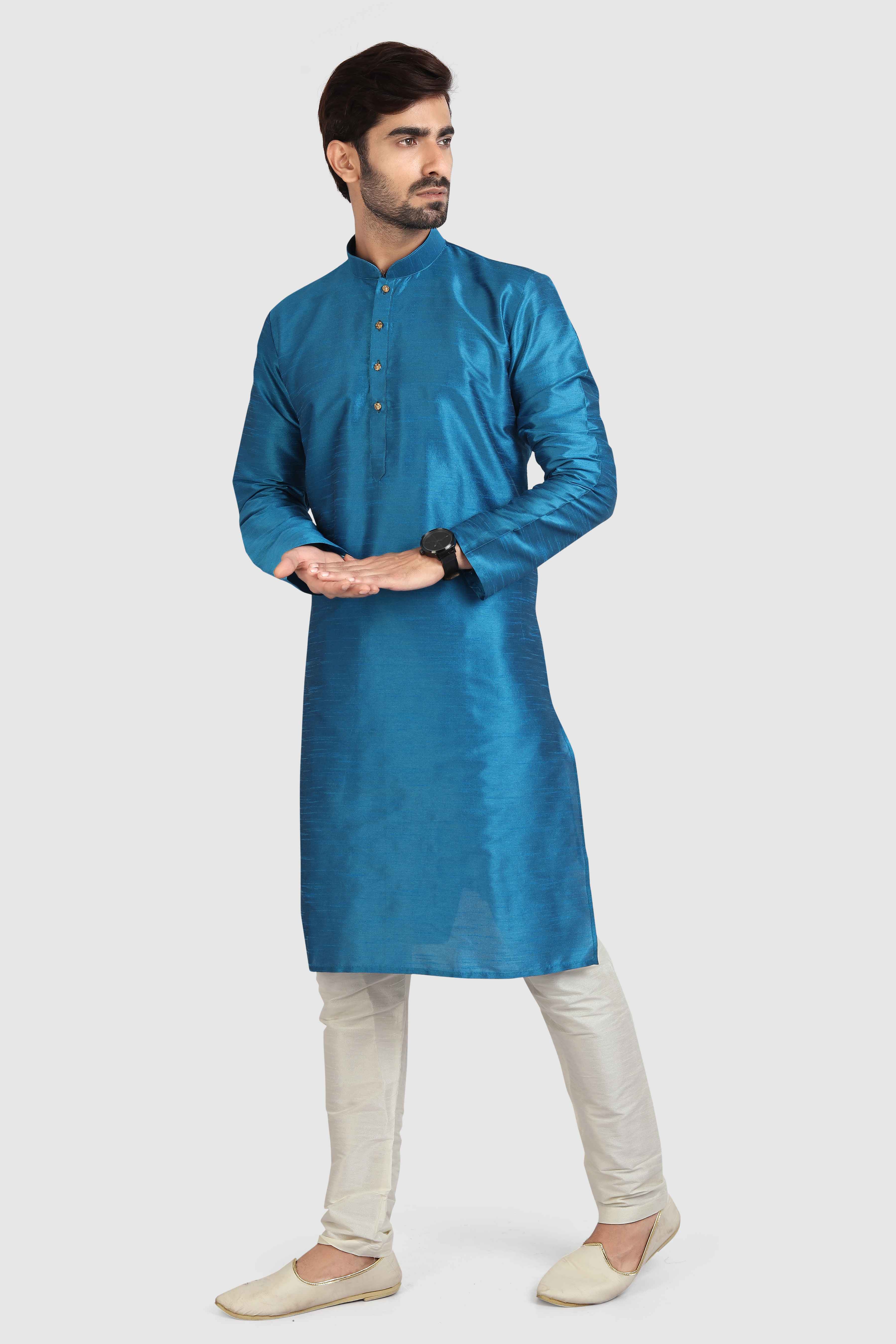 Raivat Ethnic Art Silk Kurta Pajama In Teal Blue Colour | Grocsy