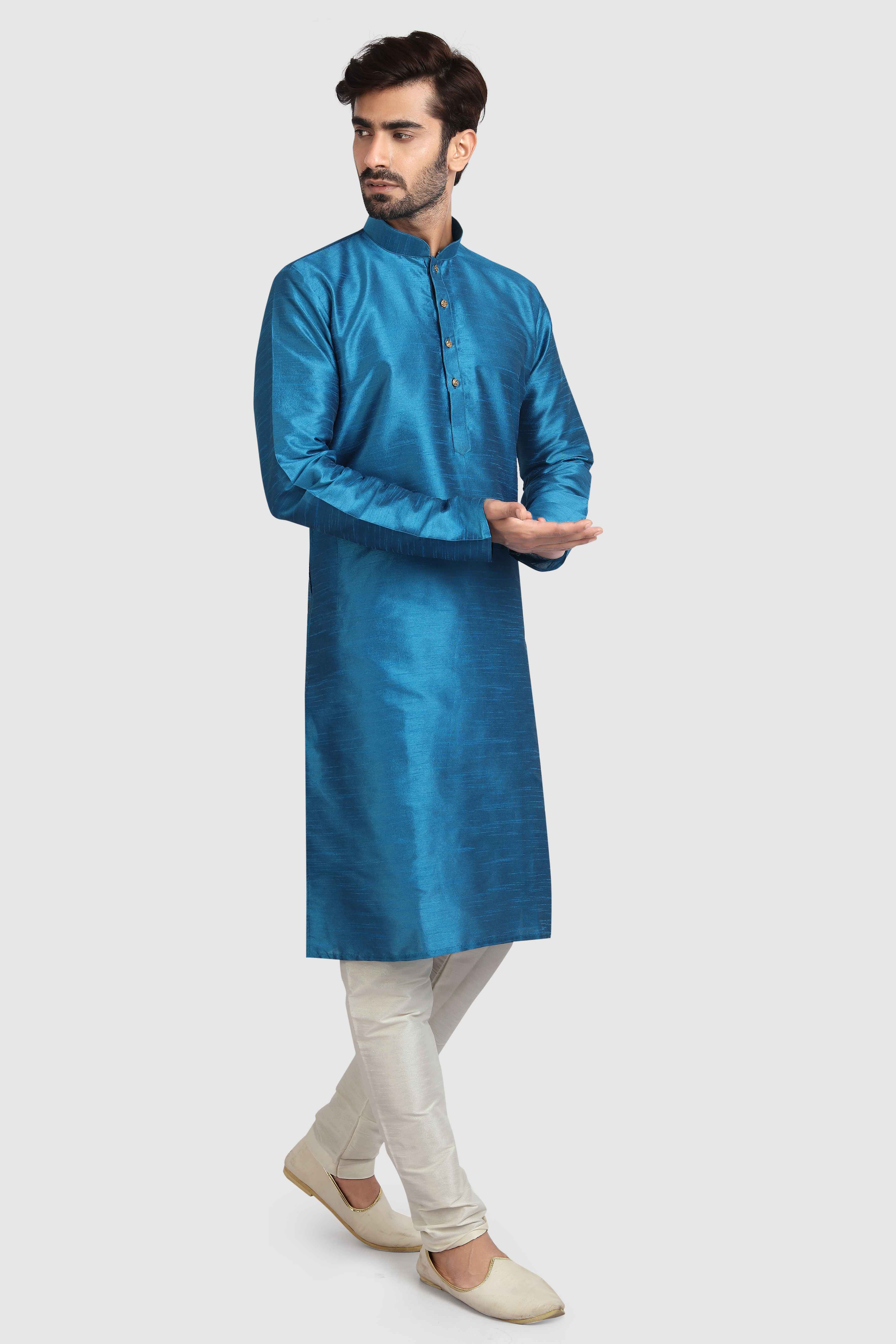 Raivat Ethnic Art Silk Kurta Pajama In Teal Blue Colour | Grocsy