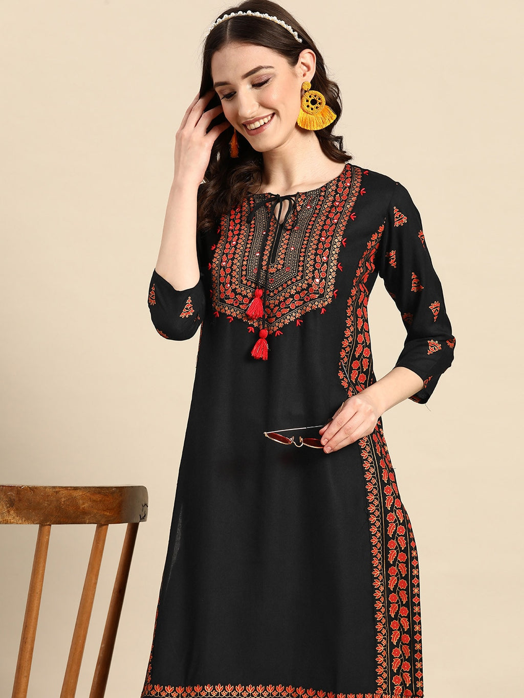 Sangria Floral Yoke Printed Mirror Work Kurta | Grocsy