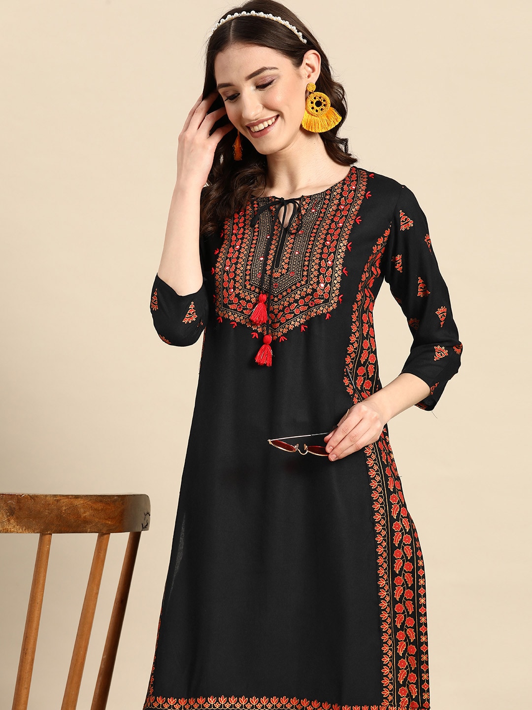 Sangria Floral Yoke Printed Mirror Work Kurta | Grocsy