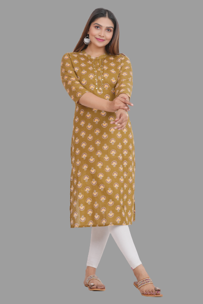 House of RP Women's Brown Cotton Floral Print Straight Kurta | Grocsy