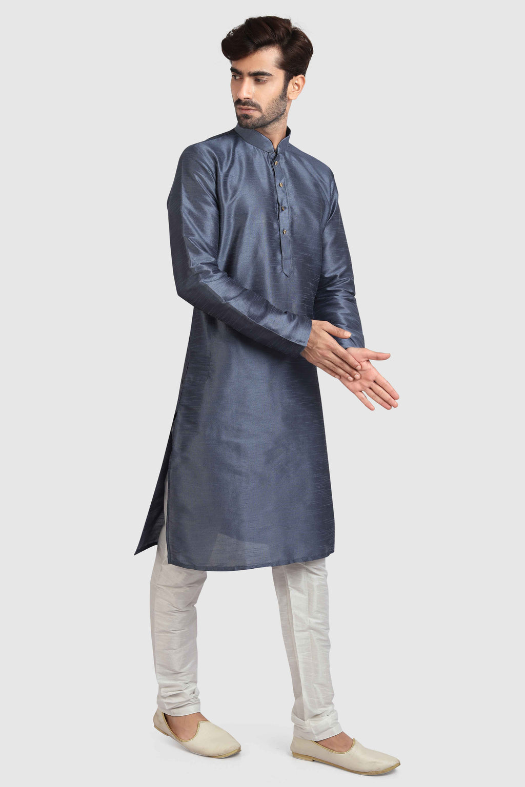 Raivat Ethnic Art Silk Kurta Pajama In Dark Grey Colour | Grocsy