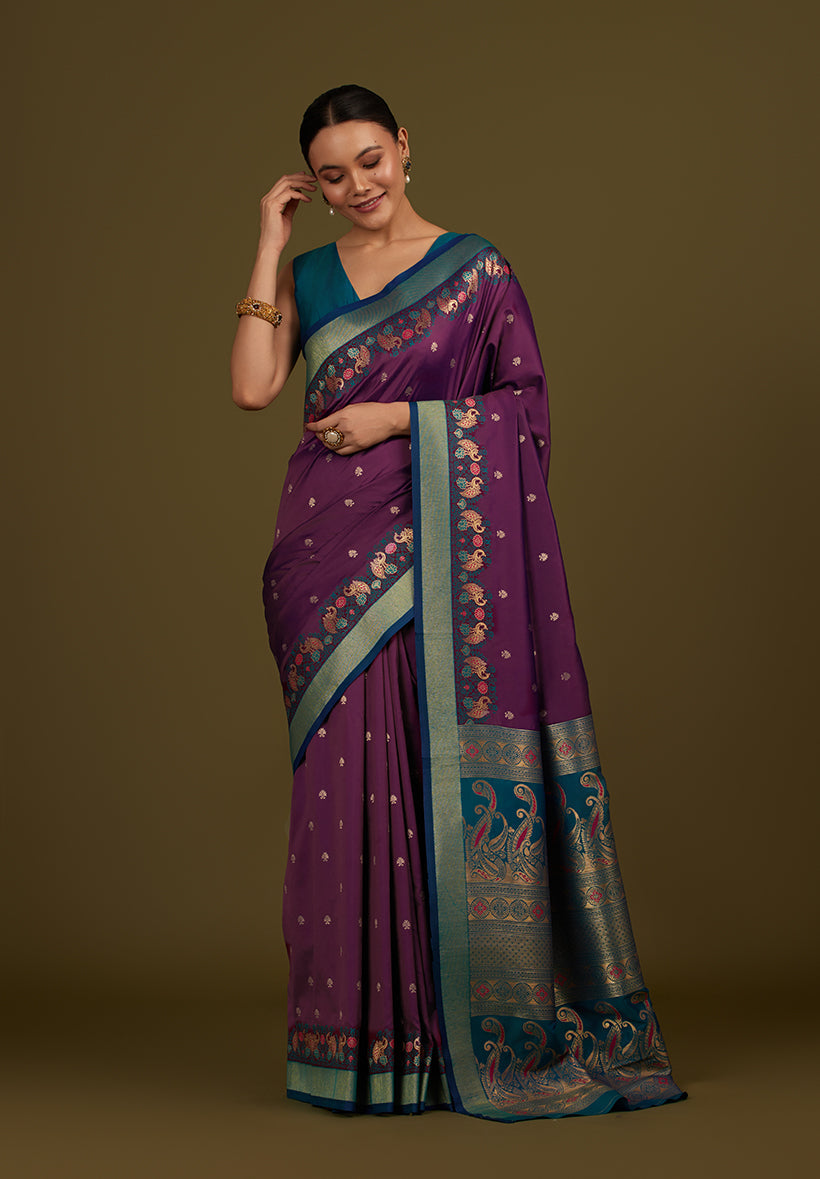 Monjolika Fashion Dark Purple Banarasi Silk Blend SareeIn Classic Paisley & Rich Zari Pallu Comes With Unstitched Blouse | Grocsy