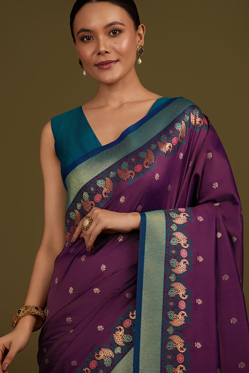 Monjolika Fashion Dark Purple Banarasi Silk Blend SareeIn Classic Paisley & Rich Zari Pallu Comes With Unstitched Blouse | Grocsy