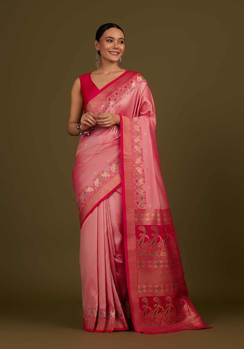 Monjolika Fashion Light Pink Banarasi Silk Blend SareeIn Classic Paisley & Rich Zari Pallu Comes With Unstitched Blouse | Grocsy
