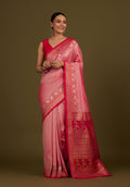 Monjolika Fashion Light Pink Banarasi Silk Blend SareeIn Classic Paisley & Rich Zari Pallu Comes With Unstitched Blouse | Grocsy