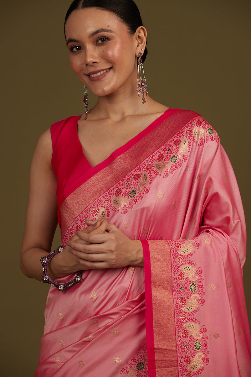 Monjolika Fashion Light Pink Banarasi Silk Blend SareeIn Classic Paisley & Rich Zari Pallu Comes With Unstitched Blouse | Grocsy