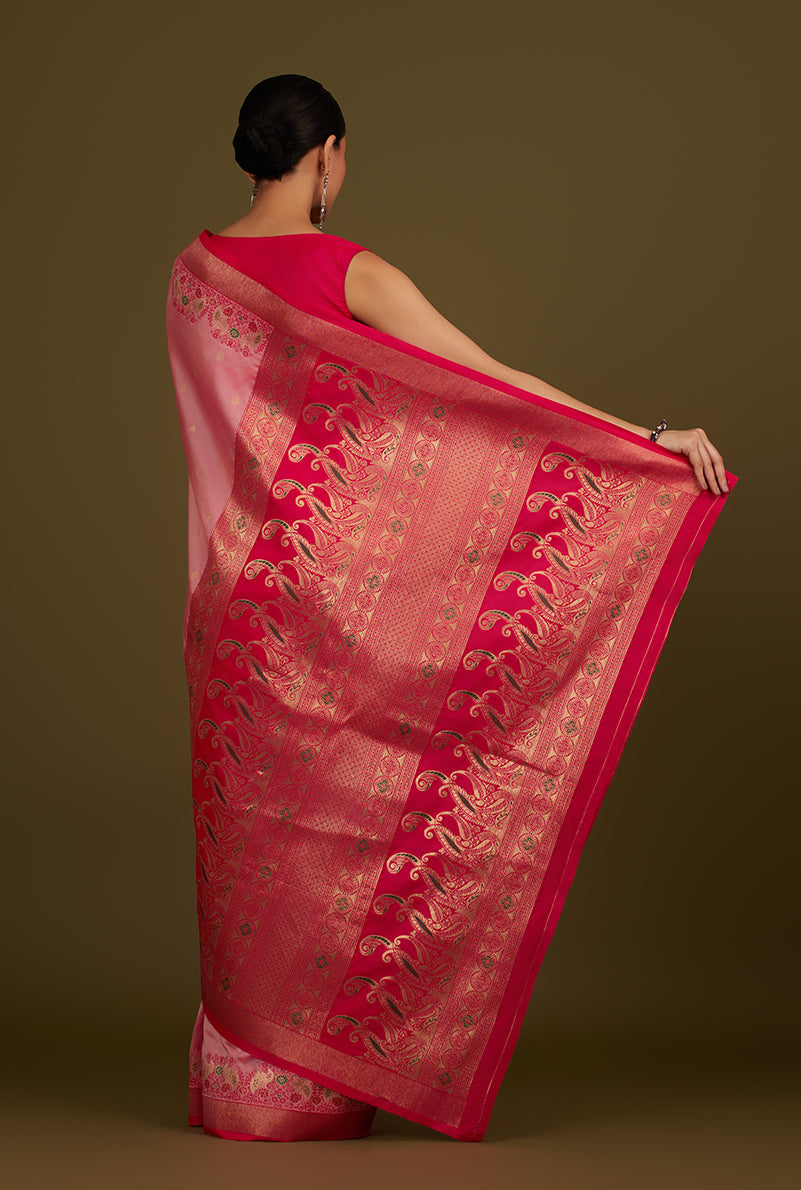 Monjolika Fashion Light Pink Banarasi Silk Blend SareeIn Classic Paisley & Rich Zari Pallu Comes With Unstitched Blouse | Grocsy