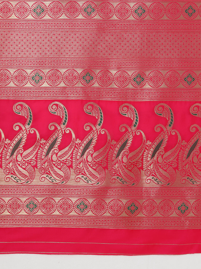 Monjolika Fashion Light Pink Banarasi Silk Blend SareeIn Classic Paisley & Rich Zari Pallu Comes With Unstitched Blouse | Grocsy