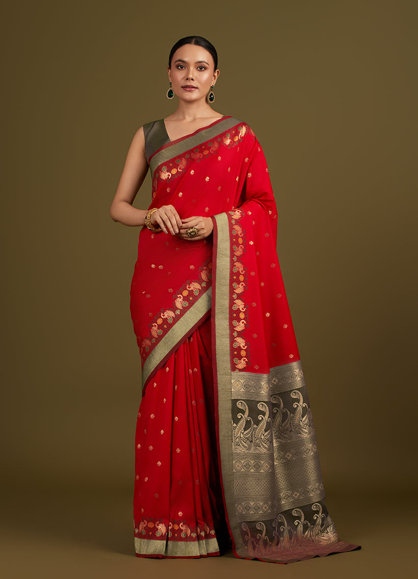 Monjolika Fashion Red Banarasi Silk Blend SareeIn Classic Paisley & Rich Zari Pallu Comes With Unstitched Blouse | Grocsy