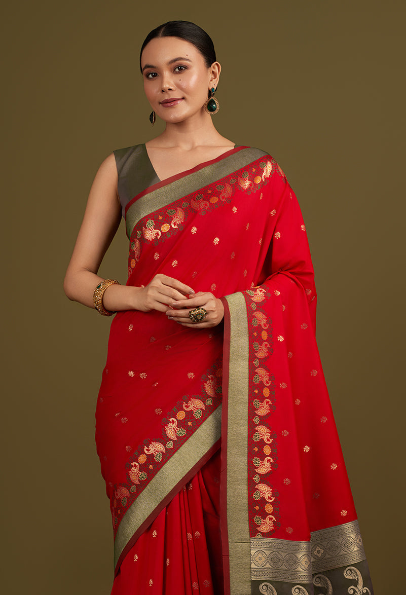 Monjolika Fashion Red Banarasi Silk Blend SareeIn Classic Paisley & Rich Zari Pallu Comes With Unstitched Blouse | Grocsy