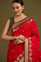 Monjolika Fashion Red Banarasi Silk Blend SareeIn Classic Paisley & Rich Zari Pallu Comes With Unstitched Blouse | Grocsy