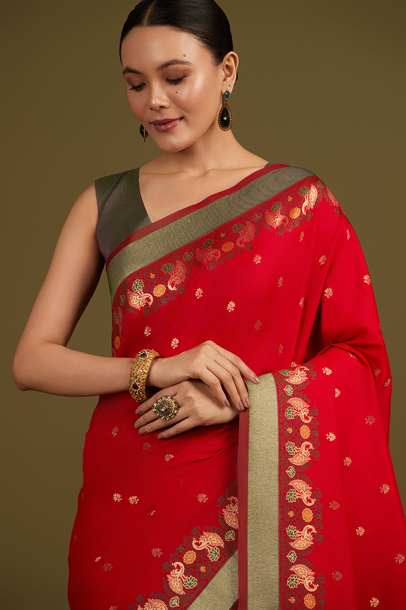 Monjolika Fashion Red Banarasi Silk Blend SareeIn Classic Paisley & Rich Zari Pallu Comes With Unstitched Blouse | Grocsy