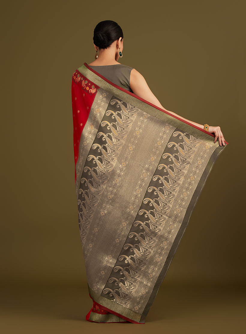 Monjolika Fashion Red Banarasi Silk Blend SareeIn Classic Paisley & Rich Zari Pallu Comes With Unstitched Blouse | Grocsy