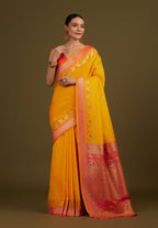 Monjolika Fashion Yellow Banarasi Silk Blend SareeIn Classic Paisley & Rich Zari Pallu Comes With Unstitched Blouse | Grocsy