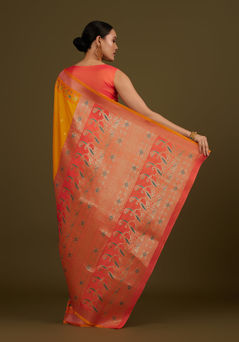 Monjolika Fashion Yellow Banarasi Silk Blend SareeIn Classic Paisley & Rich Zari Pallu Comes With Unstitched Blouse | Grocsy