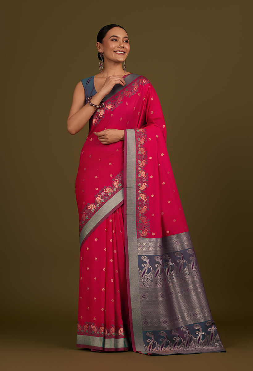 Monjolika Fashion Pink Banarasi Silk Blend SareeIn Classic Paisley & Rich Zari Pallu Comes With Unstitched Blouse | Grocsy
