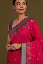 Monjolika Fashion Pink Banarasi Silk Blend SareeIn Classic Paisley & Rich Zari Pallu Comes With Unstitched Blouse | Grocsy