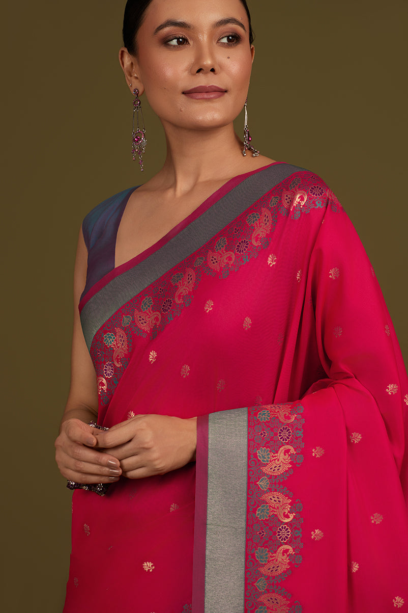Monjolika Fashion Pink Banarasi Silk Blend SareeIn Classic Paisley & Rich Zari Pallu Comes With Unstitched Blouse | Grocsy