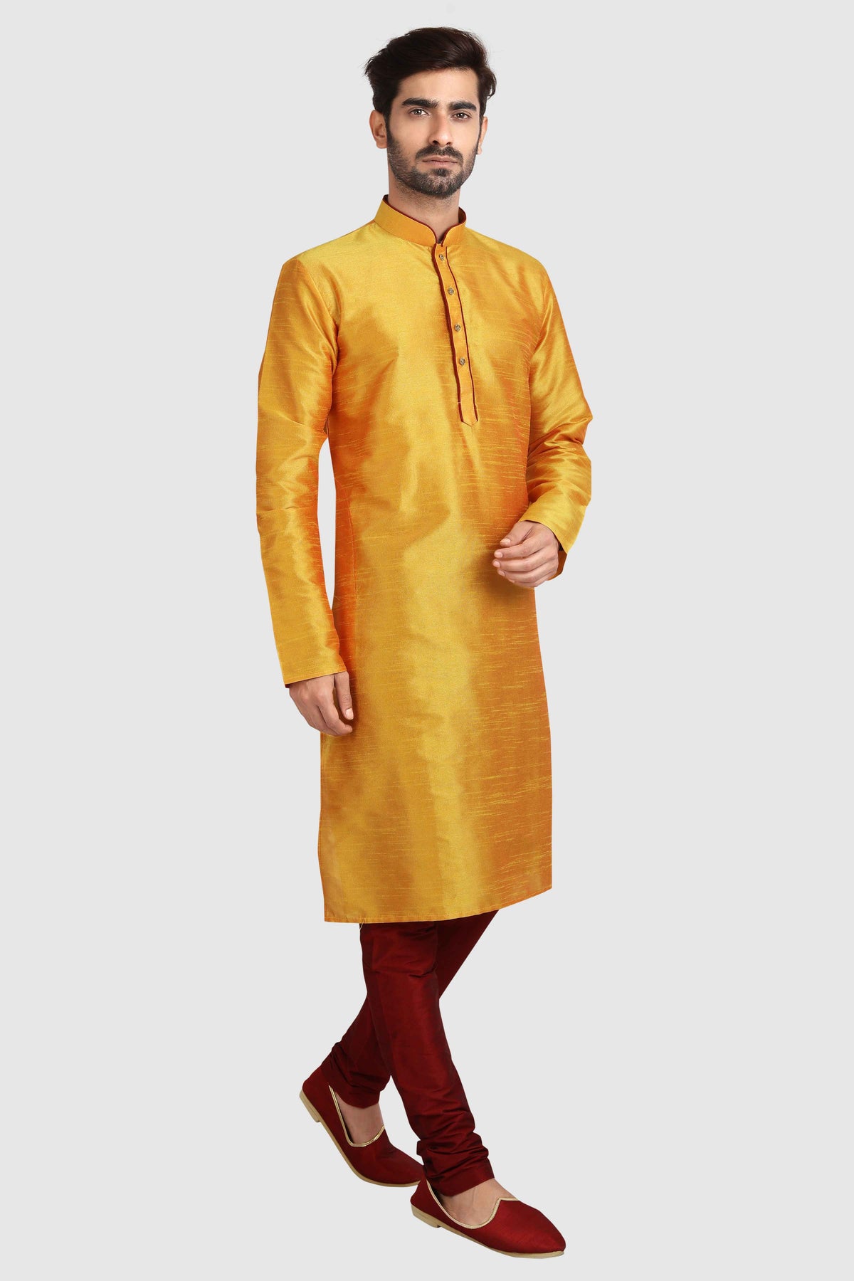 Raivat Ethnic Art Silk Kurta Pajama In Mustard Colour | Grocsy
