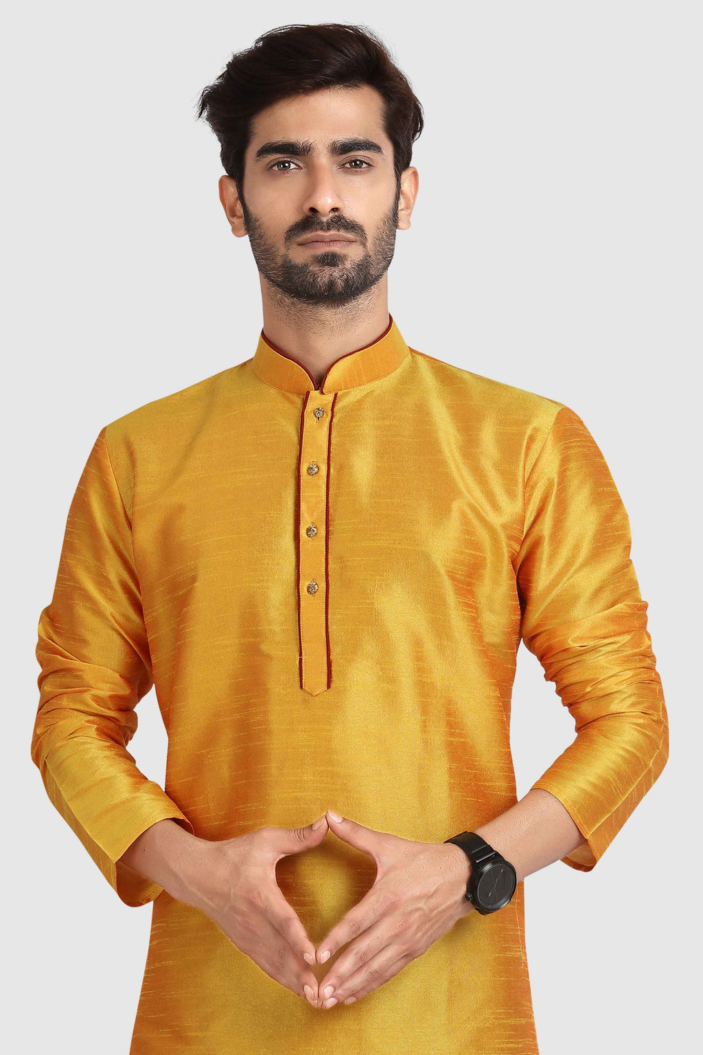 Raivat Ethnic Art Silk Kurta Pajama In Mustard Colour | Grocsy
