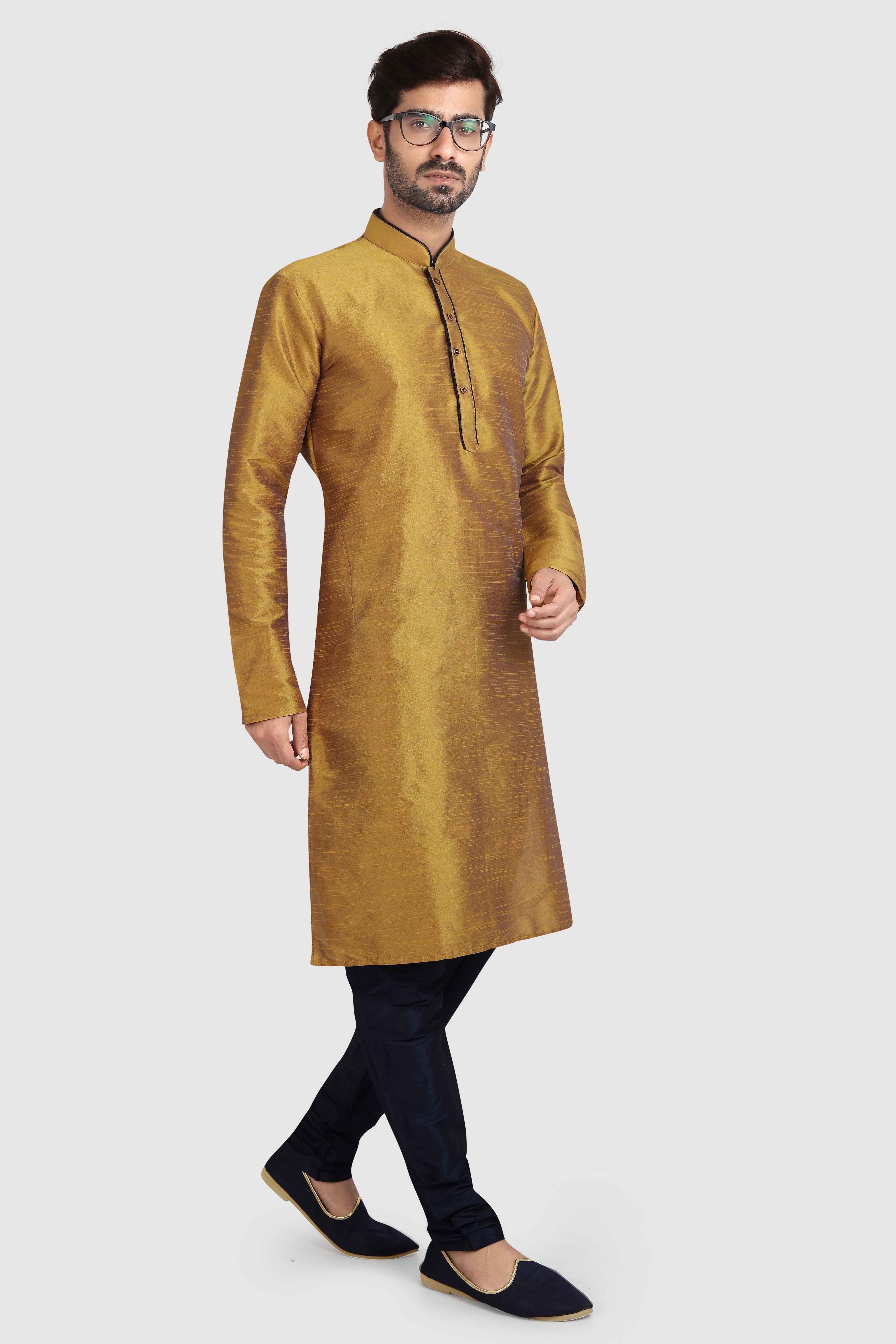 Raivat Ethnic Art Silk Kurta Pajama In Mustard Brown Colour | Grocsy