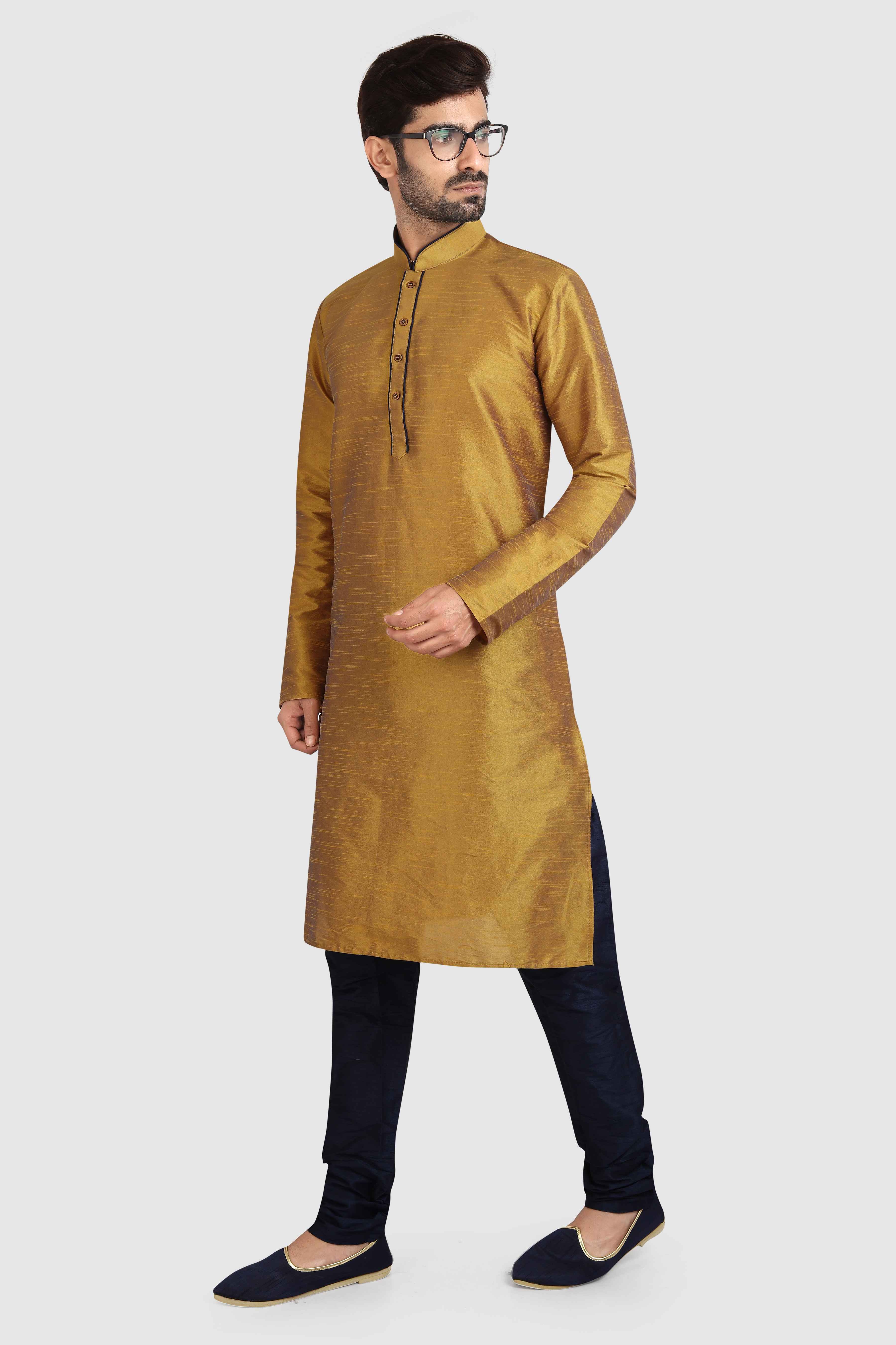 Raivat Ethnic Art Silk Kurta Pajama In Mustard Brown Colour | Grocsy