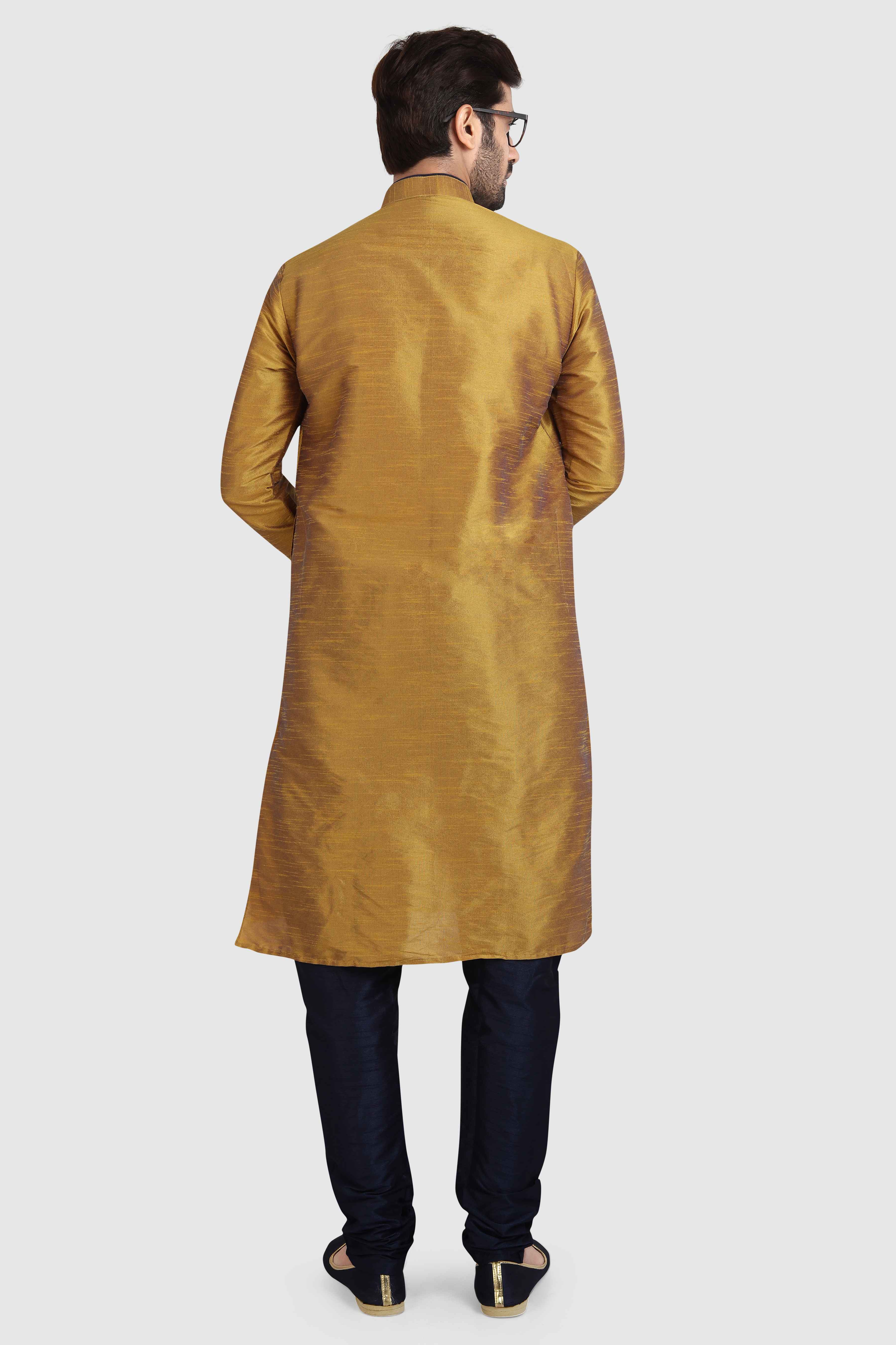 Raivat Ethnic Art Silk Kurta Pajama In Mustard Brown Colour | Grocsy
