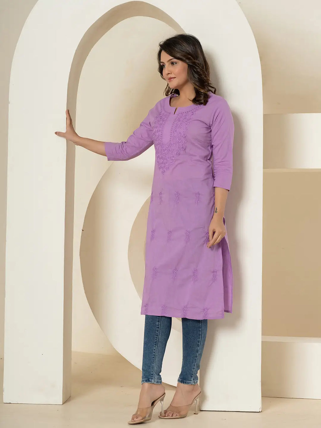 Yufta Women Lavender Chikankari Straight Kurta | Grocsy