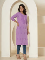 Yufta Women Lavender Chikankari Straight Kurta | Grocsy