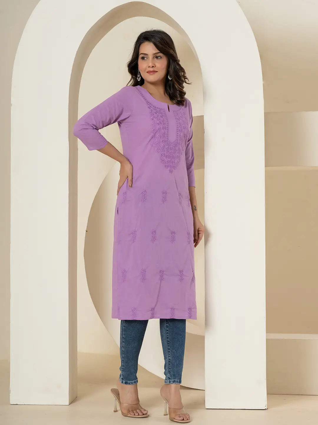 Yufta Women Lavender Chikankari Straight Kurta | Grocsy