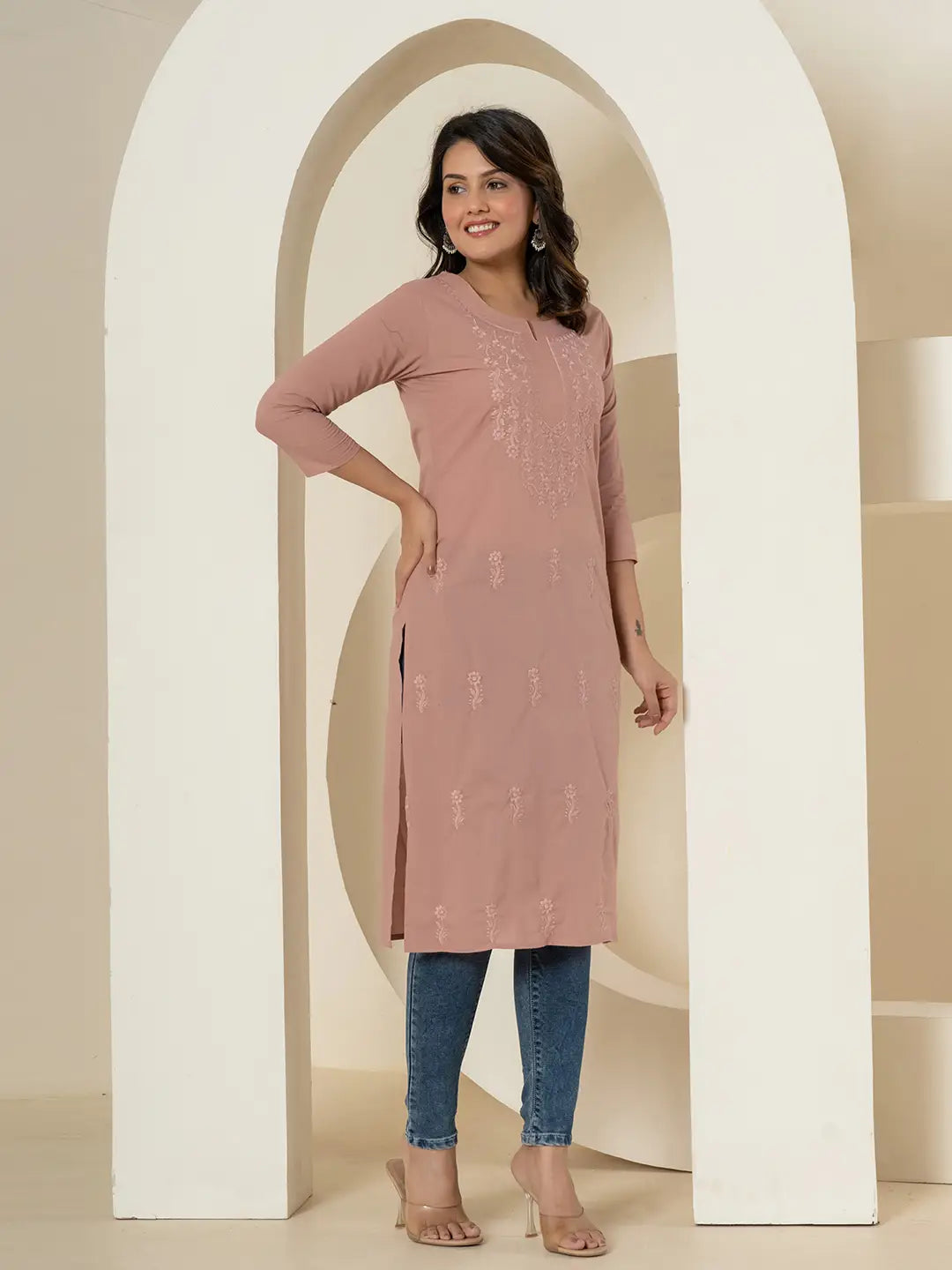 Yufta Women Purple Chikankari Straight Kurta | Grocsy