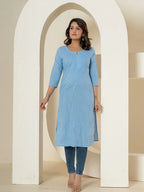 Yufta Women Sky Blue Chikankari Straight Kurta | Grocsy