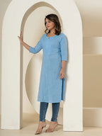 Yufta Women Sky Blue Chikankari Straight Kurta | Grocsy
