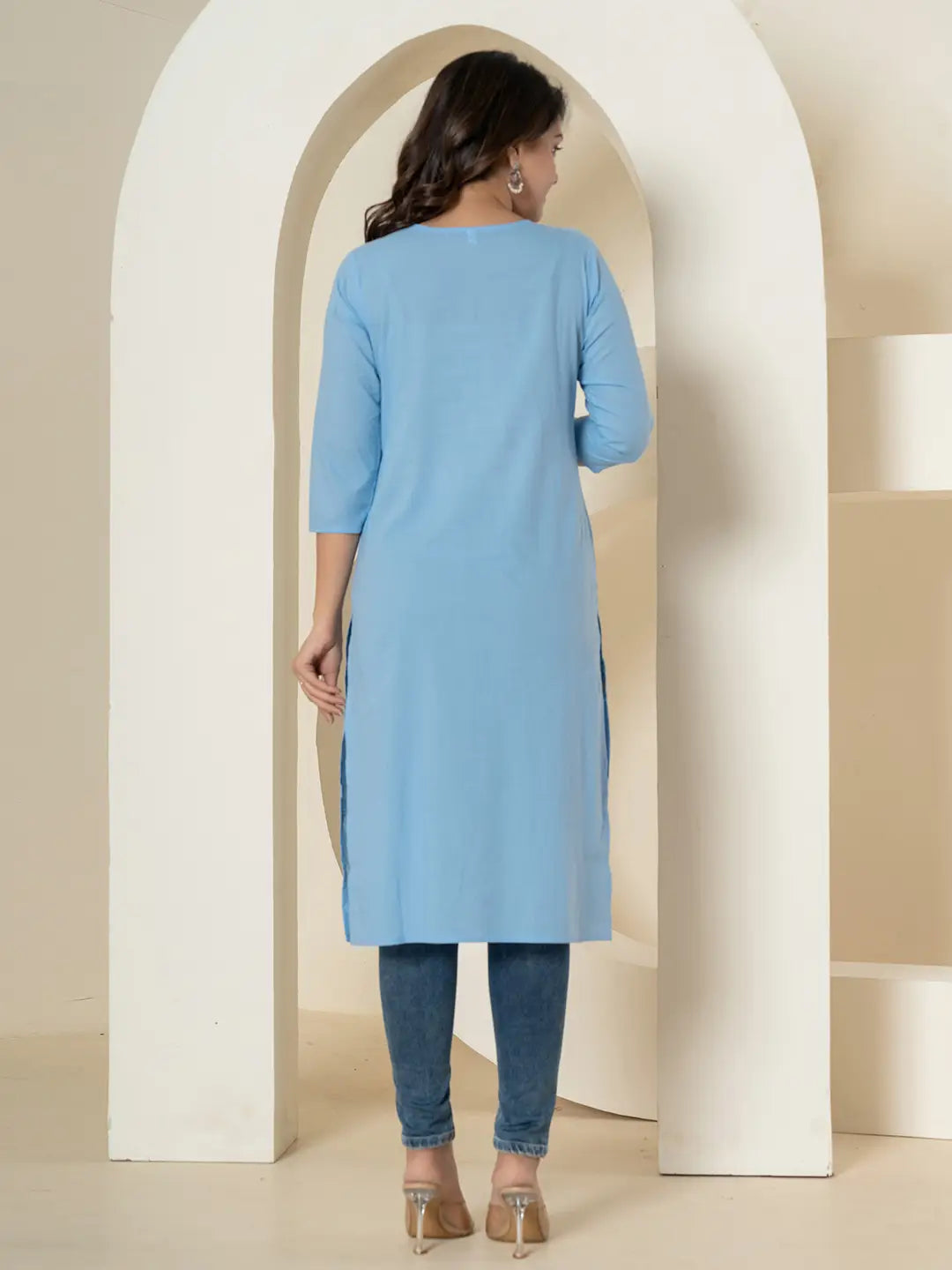 Yufta Women Sky Blue Chikankari Straight Kurta | Grocsy