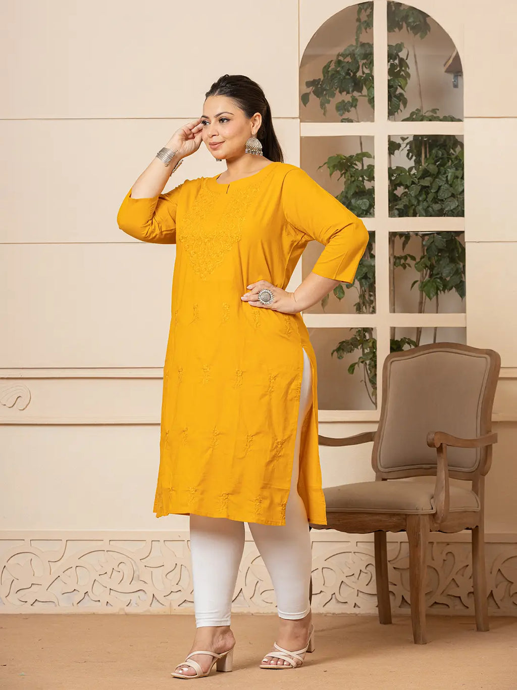 Yufta Women Mustard Floral Straight Plus Size Kurta | Grocsy