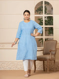 Yufta Women Sky Blue Floral Straight Plus Size Kurta | Grocsy