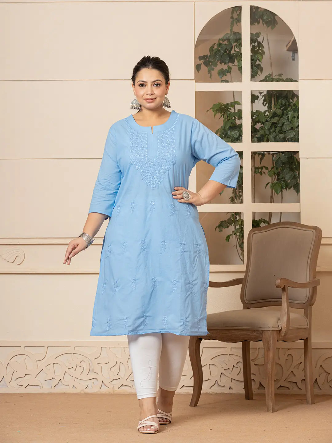 Yufta Women Sky Blue Floral Straight Plus Size Kurta | Grocsy