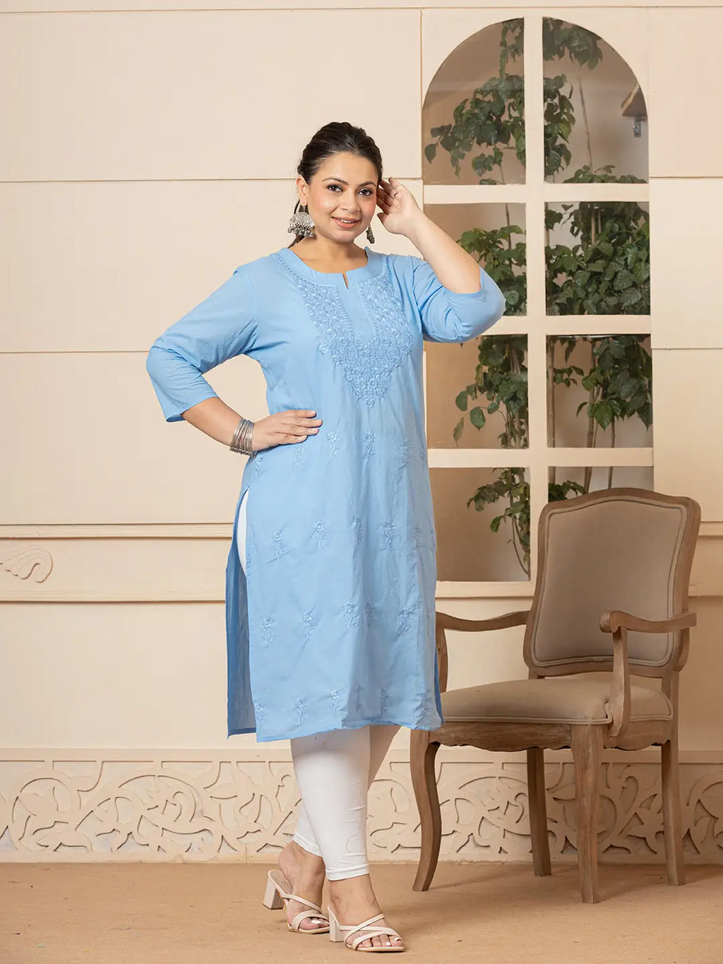 Yufta Women Sky Blue Floral Straight Plus Size Kurta | Grocsy